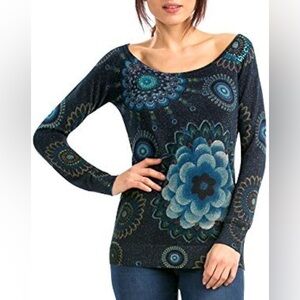 Desigual Blue Floral Off-Shoulder Knit Top